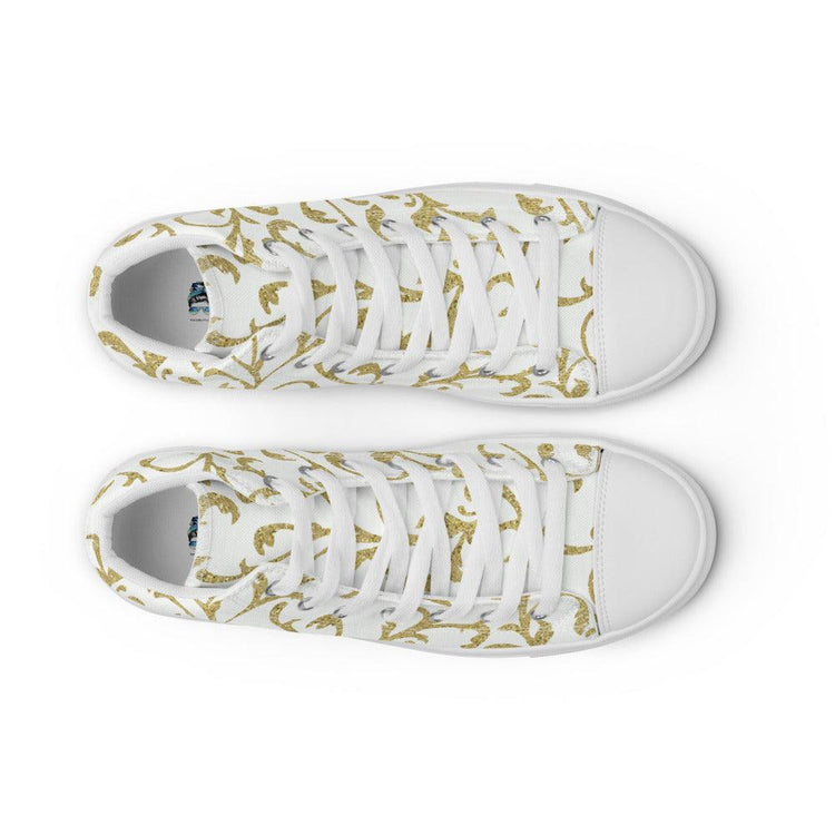 White and Gold Fleur-De-Lis Women’s High Top Canvas Shoes - MessyBunFun - Your Destination for Stylish Unisex Clothing, Tops and bottoms - MessyBunFun.com