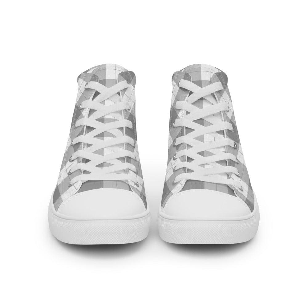 Grey Check Gingham Women’s High Top Canvas Shoes - MessyBunFun - Your Destination for Stylish Unisex Clothing, Tops and bottoms - MessyBunFun.com