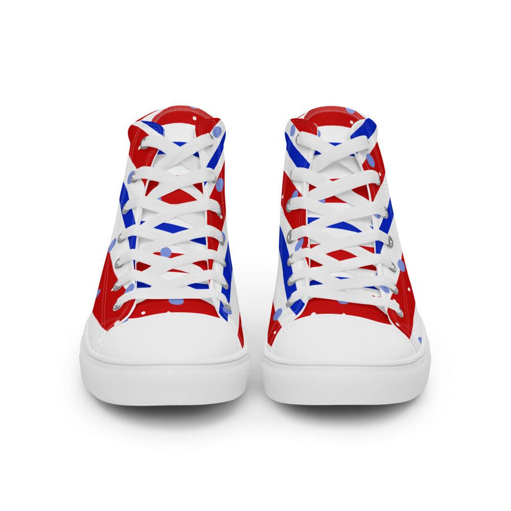 Blue Red White and Dots Women’s High Top Canvas Shoes - MessyBunFun - Your Destination for Stylish Unisex Clothing, Tops and bottoms - MessyBunFun.com