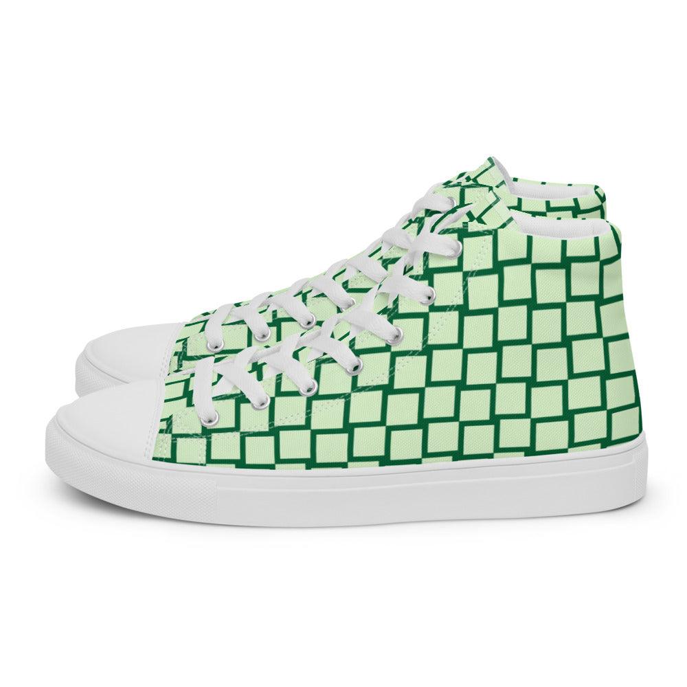 Green Squares Women’s High Top Canvas Shoes - MessyBunFun - Your Destination for Stylish Unisex Clothing, Tops and bottoms - MessyBunFun.com