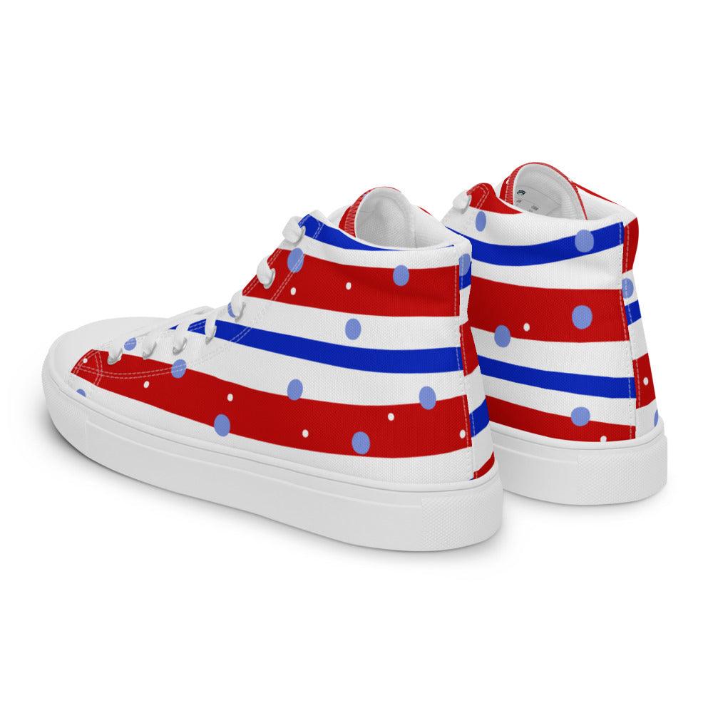 Blue Red White and Dots Women’s High Top Canvas Shoes - MessyBunFun - Your Destination for Stylish Unisex Clothing, Tops and bottoms - MessyBunFun.com