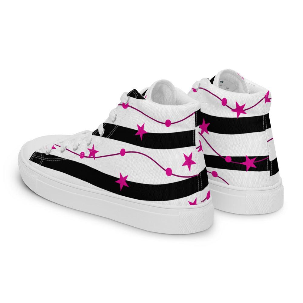 Pink Stars and Black Stripes Women’s High Top Canvas Shoes - MessyBunFun - Your Destination for Stylish Unisex Clothing, Tops and bottoms - MessyBunFun.com