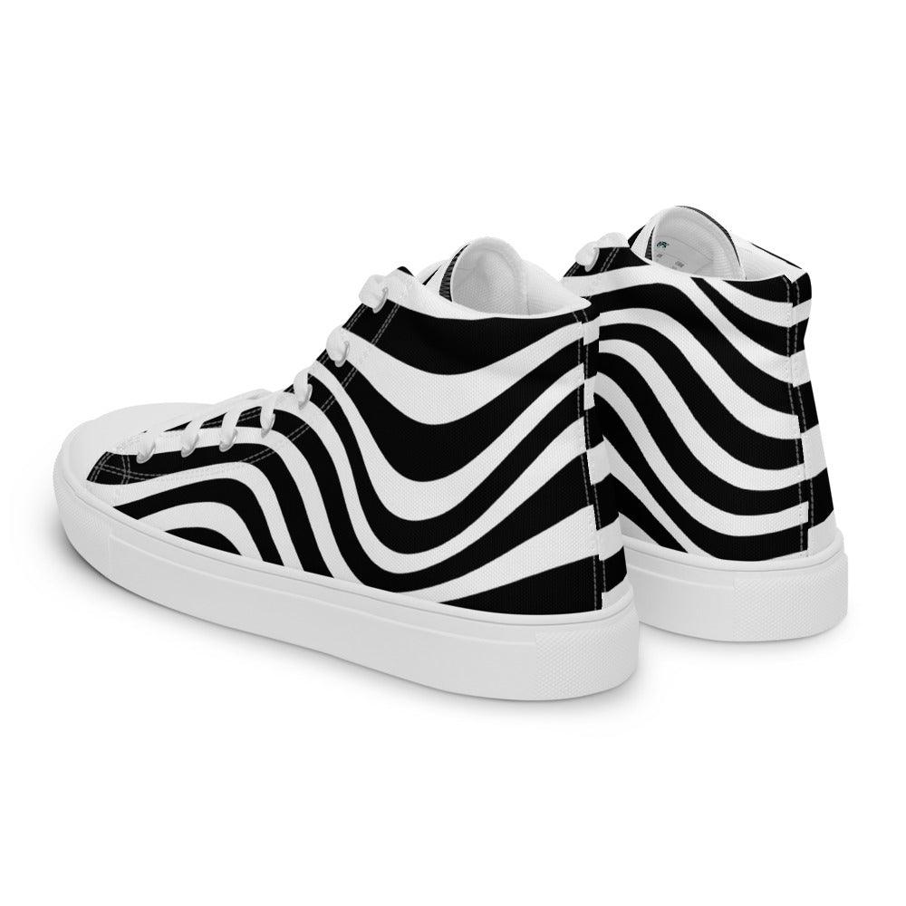 Black and White Wavy Lines Women’s High Top Canvas Shoes - MessyBunFun - Your Destination for Stylish Unisex Clothing, Tops and bottoms - MessyBunFun.com