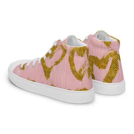 Gold Hearts on Pink Women’s High Top Canvas Shoes