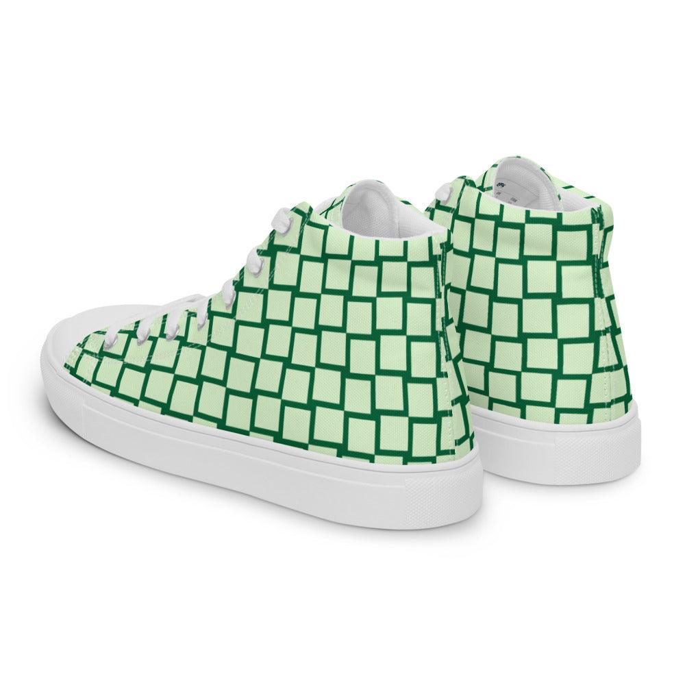 Green Squares Women’s High Top Canvas Shoes - MessyBunFun - Your Destination for Stylish Unisex Clothing, Tops and bottoms - MessyBunFun.com