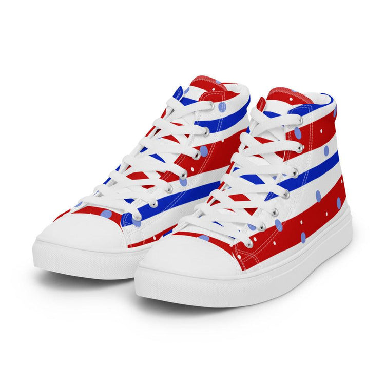 Blue Red White and Dots Women’s High Top Canvas Shoes - MessyBunFun - Your Destination for Stylish Unisex Clothing, Tops and bottoms - MessyBunFun.com