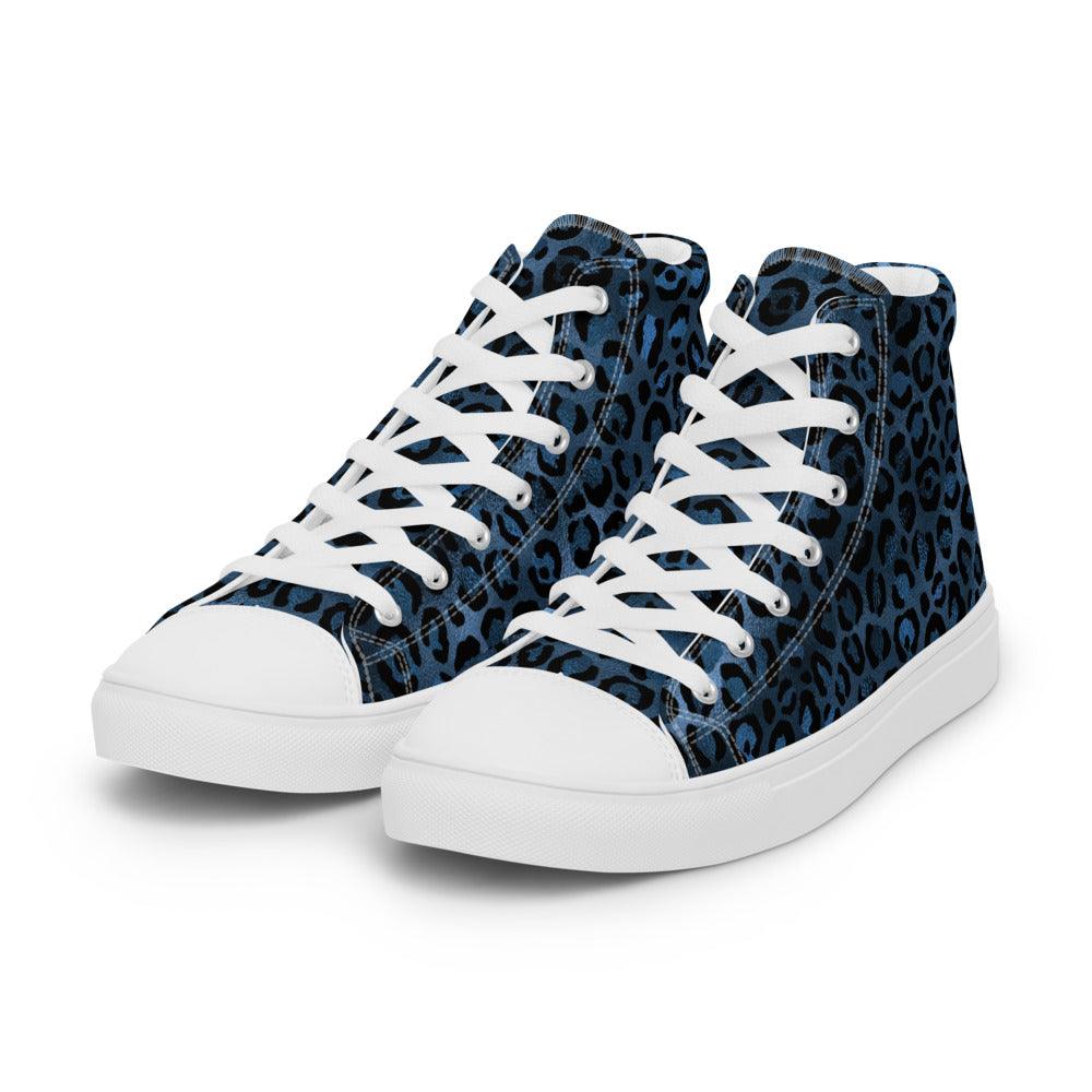Shiny Blue Leopard Women’s High Top Canvas Shoes