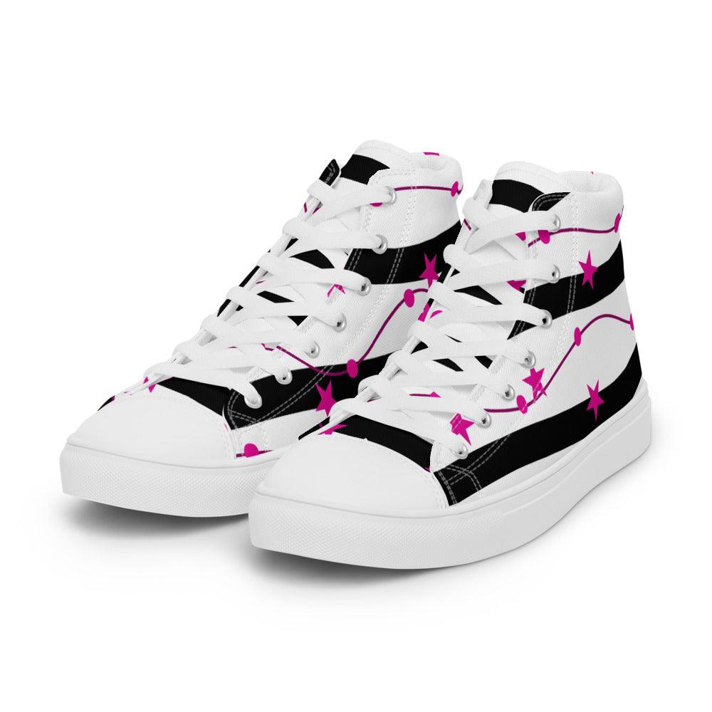 Pink Stars and Black Stripes Women’s High Top Canvas Shoes - MessyBunFun - Your Destination for Stylish Unisex Clothing, Tops and bottoms - MessyBunFun.com