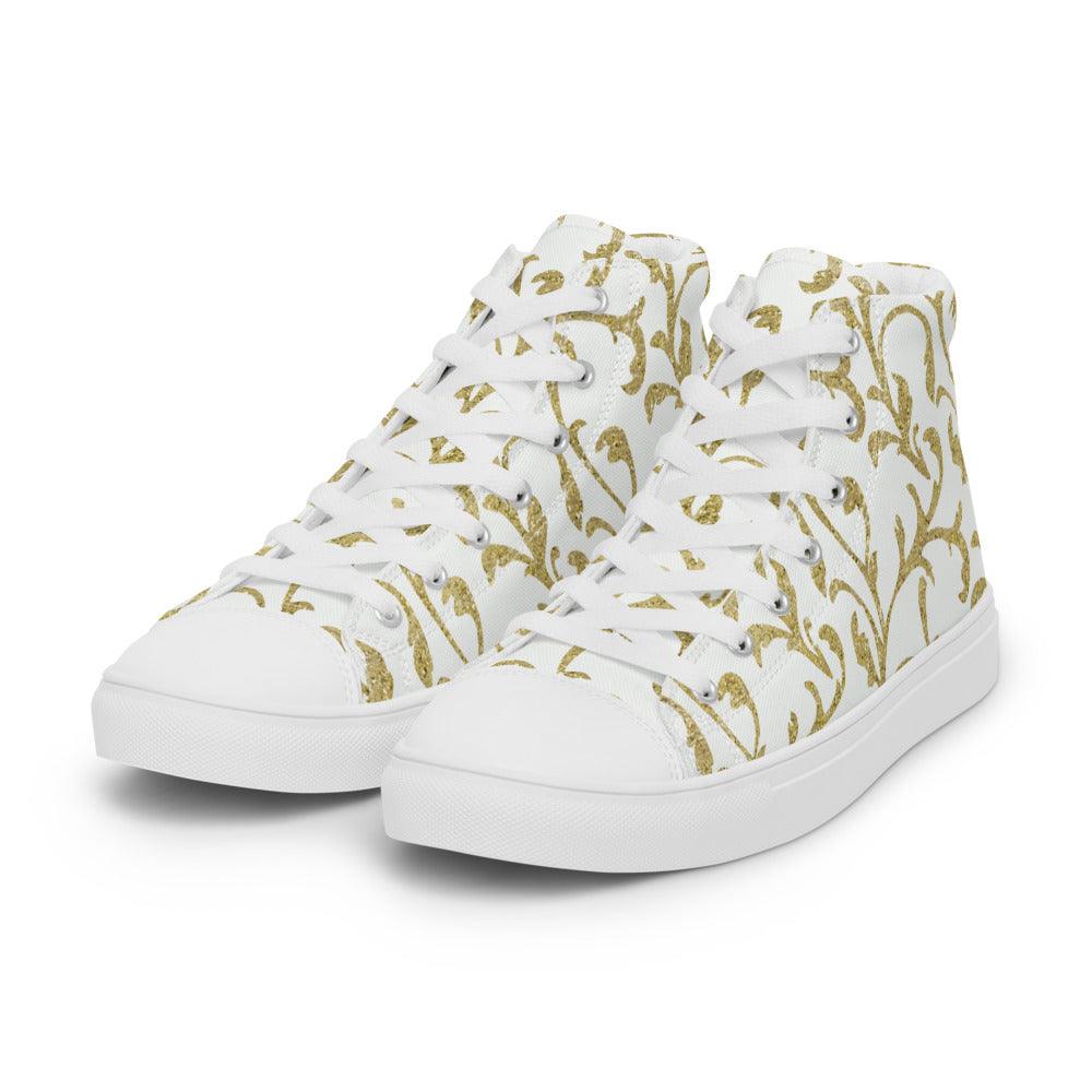 White and Gold Fleur-De-Lis Women’s High Top Canvas Shoes - MessyBunFun - Your Destination for Stylish Unisex Clothing, Tops and bottoms - MessyBunFun.com