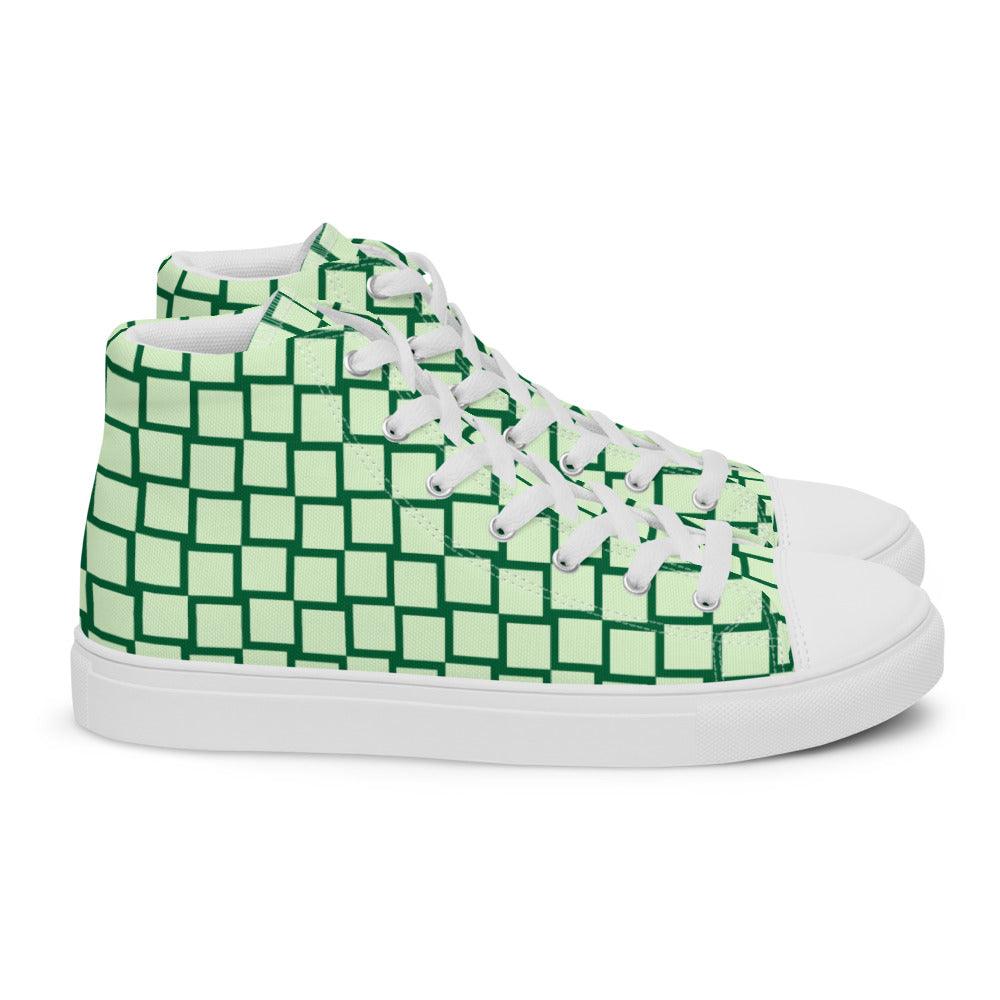 Green Squares Women’s High Top Canvas Shoes - MessyBunFun - Your Destination for Stylish Unisex Clothing, Tops and bottoms - MessyBunFun.com