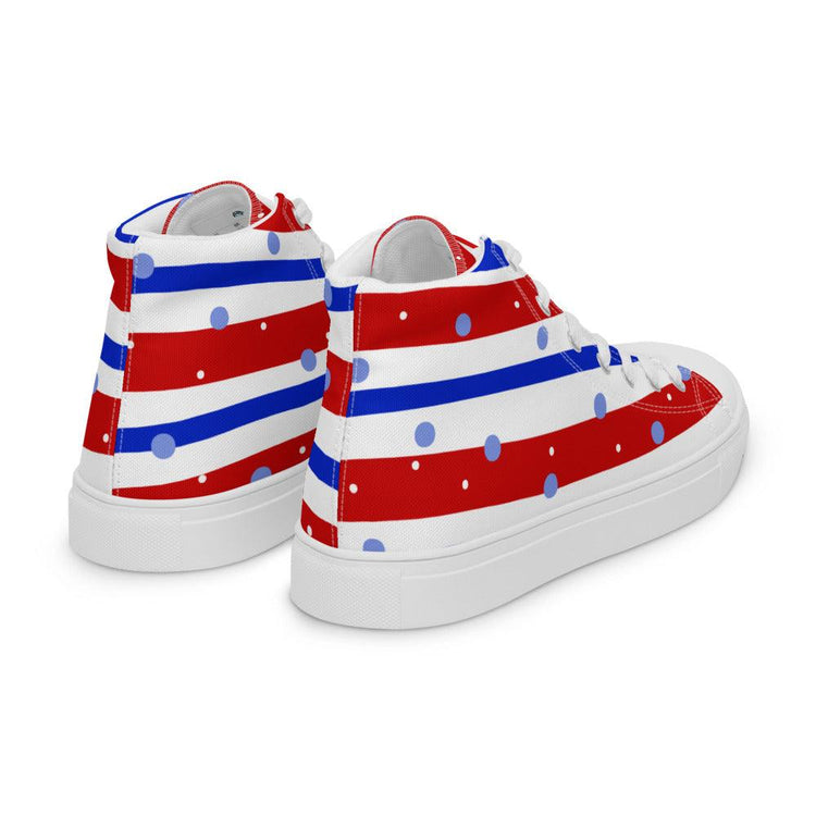 Blue Red White and Dots Women’s High Top Canvas Shoes - MessyBunFun - Your Destination for Stylish Unisex Clothing, Tops and bottoms - MessyBunFun.com