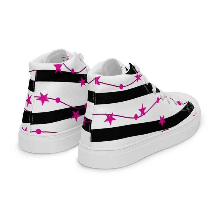 Pink Stars and Black Stripes Women’s High Top Canvas Shoes - MessyBunFun - Your Destination for Stylish Unisex Clothing, Tops and bottoms - MessyBunFun.com