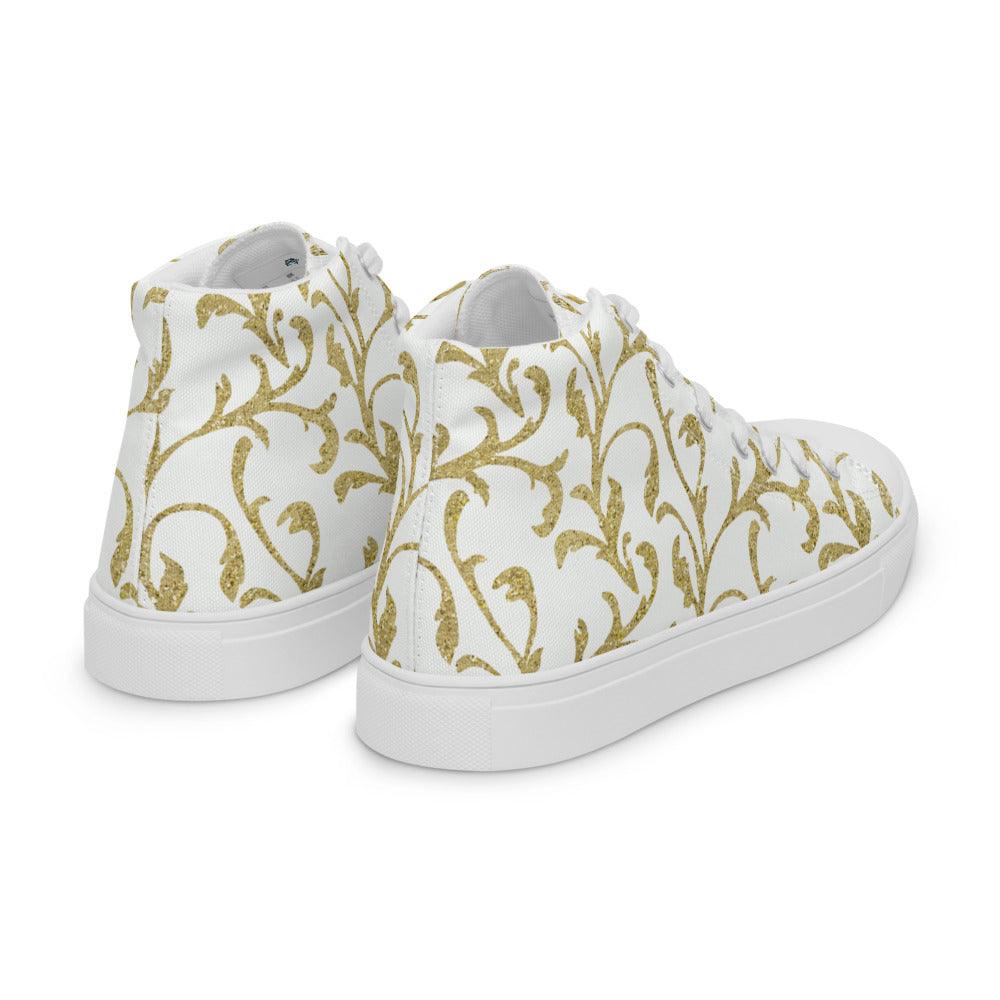 White and Gold Fleur-De-Lis Women’s High Top Canvas Shoes - MessyBunFun - Your Destination for Stylish Unisex Clothing, Tops and bottoms - MessyBunFun.com