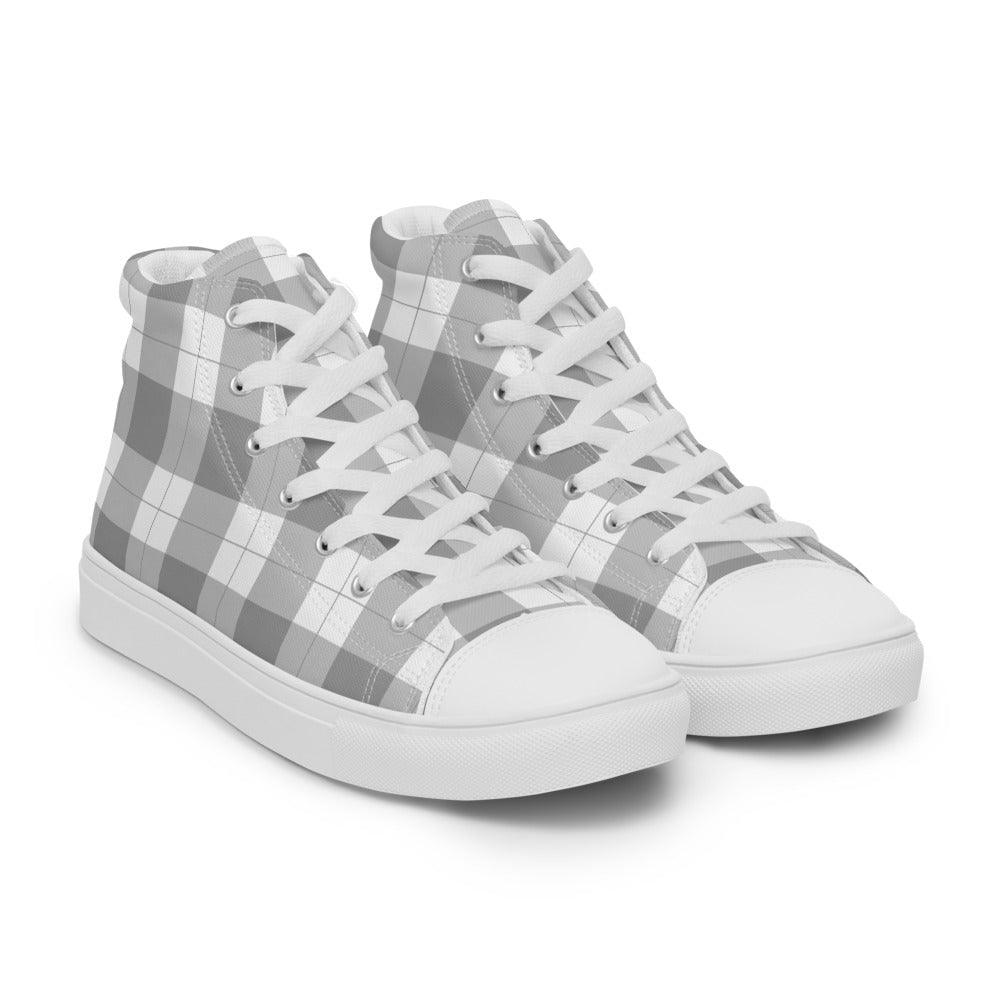 Grey Check Gingham Women’s High Top Canvas Shoes - MessyBunFun - Your Destination for Stylish Unisex Clothing, Tops and bottoms - MessyBunFun.com