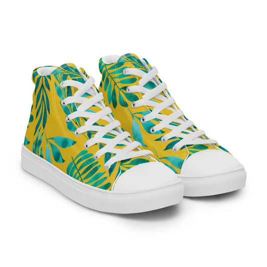 Green Leaves on Gold Women’s High Top Canvas Shoes