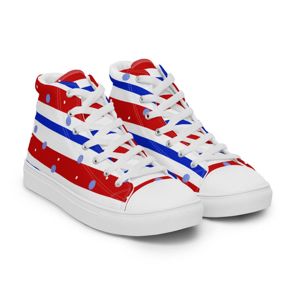 Blue Red White and Dots Women’s High Top Canvas Shoes - MessyBunFun - Your Destination for Stylish Unisex Clothing, Tops and bottoms - MessyBunFun.com