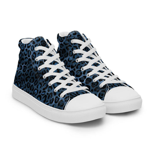 Shiny Blue Leopard Women’s High Top Canvas Shoes