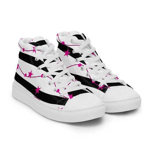 Pink Stars and Black Stripes Women’s High Top Canvas Shoes - MessyBunFun - Your Destination for Stylish Unisex Clothing, Tops and bottoms - MessyBunFun.com