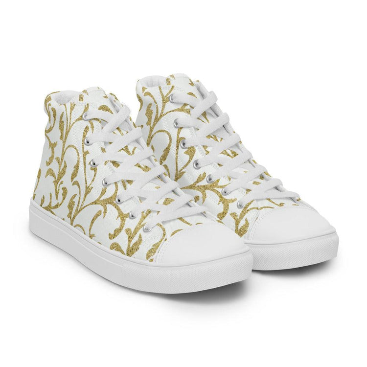 White and Gold Fleur-De-Lis Women’s High Top Canvas Shoes - MessyBunFun - Your Destination for Stylish Unisex Clothing, Tops and bottoms - MessyBunFun.com