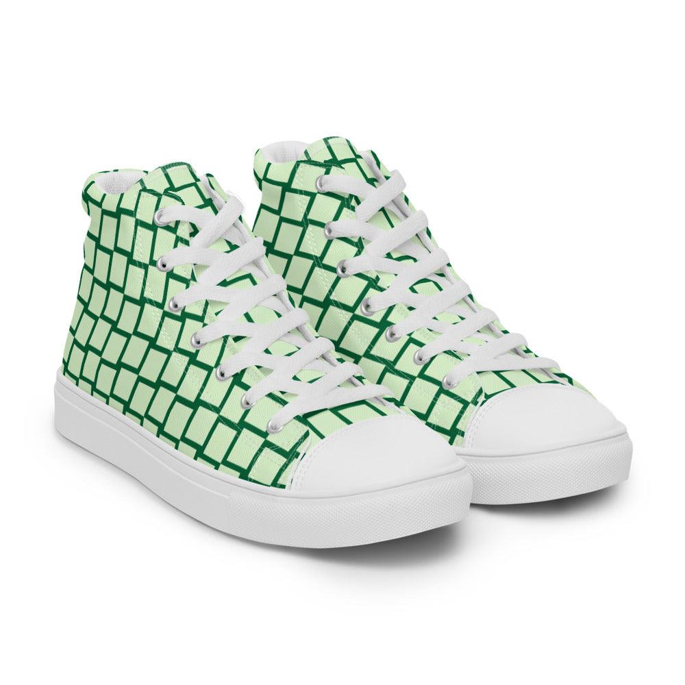 Green Squares Women’s High Top Canvas Shoes - MessyBunFun - Your Destination for Stylish Unisex Clothing, Tops and bottoms - MessyBunFun.com